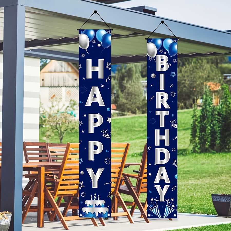 TEMU 2pcs Navy Silvery Happy Birthday Door Banner Set, Exquisite Shiny Silvery Letter Birthday Door Banner, With Balloon Print, Polyester Material