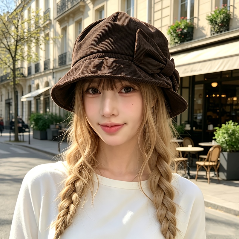 TEMU 2D Plat - Chapeau Beret Courte Bordure Oversize en Velours Côtelé Vintage avec Nœud pour Femmes, Automne Hiver, Ambiance Douce, de Luxe, Chapeau