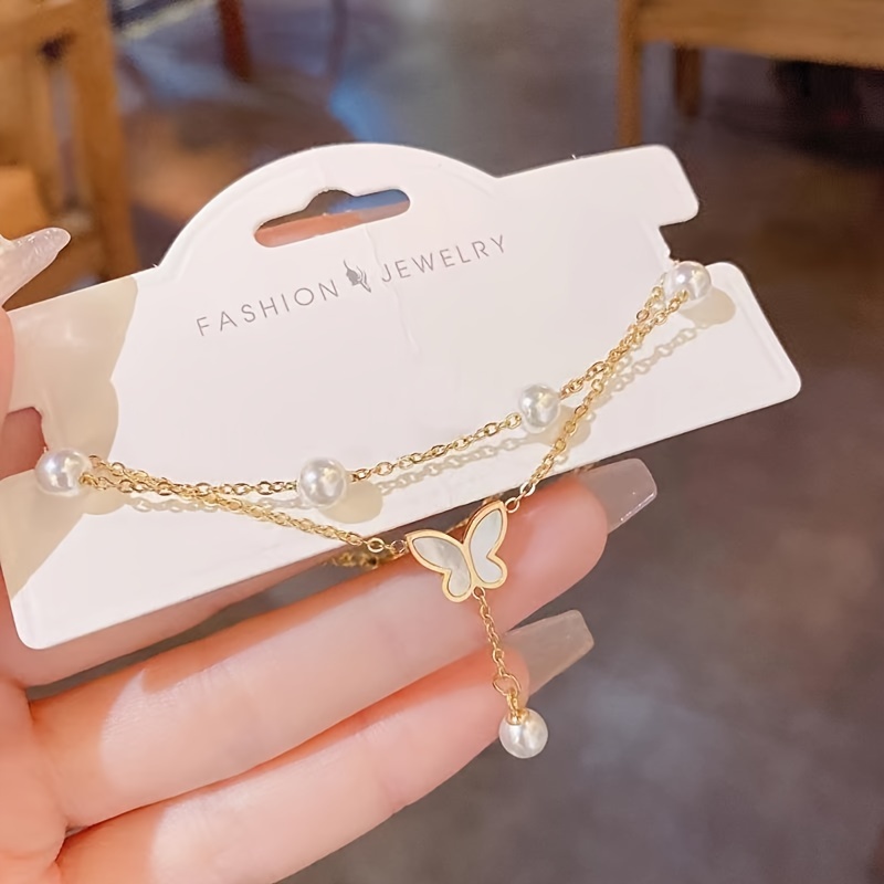 TEMU A Gold-plated Double-layered Stainless Steel Jewelry With Butterfly And Anklet Ins Simple Retro Fashion Simple Joker Ladies Daily Party Holiday Party To Wear.