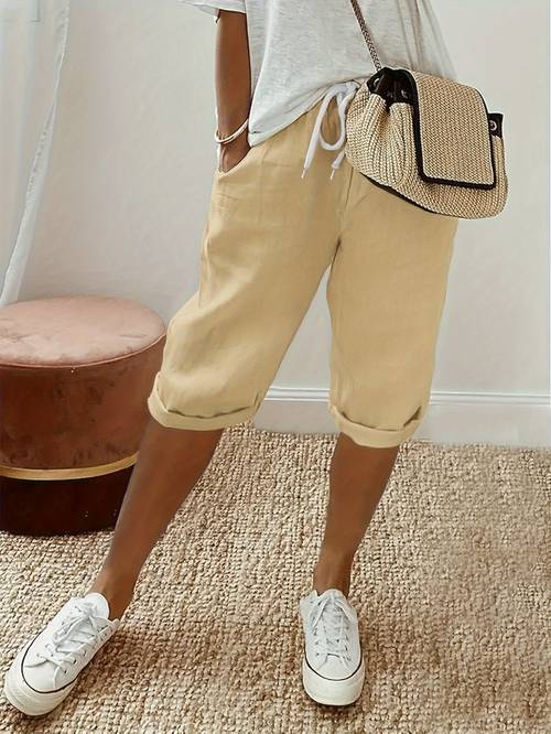 self developed womens casual solid loose casual drawstring length shorts