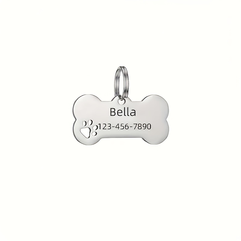 TEMU 1pc Stainless Steel Pet Identification Tag, Designed In A Bone Shape With A Paw Print, Allows For Customization Of And Phone Number, In Multiple