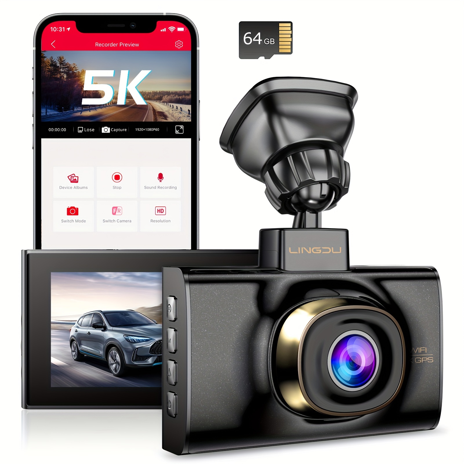 

5k Uhd Dash Cam Voice Control, 2160p Front Camera, Free 64g Sd Card, 5g Wifi, Gps, Type C, Exquisite Luxurious Design, Super Night Vision