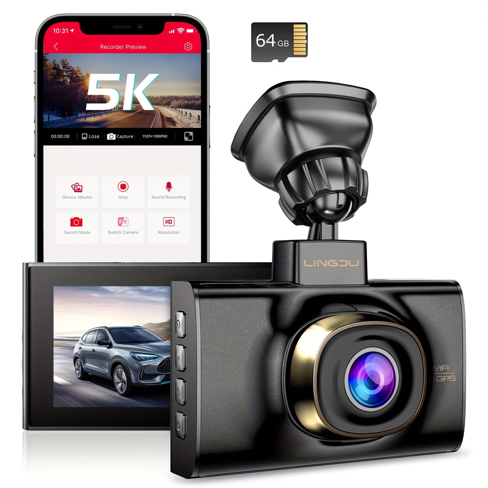 

5k Uhd Dash Cam , 2160p Front Camera, Free 64g Sd Card, 5g Wifi, Gps, Type C, Luxurious Design,