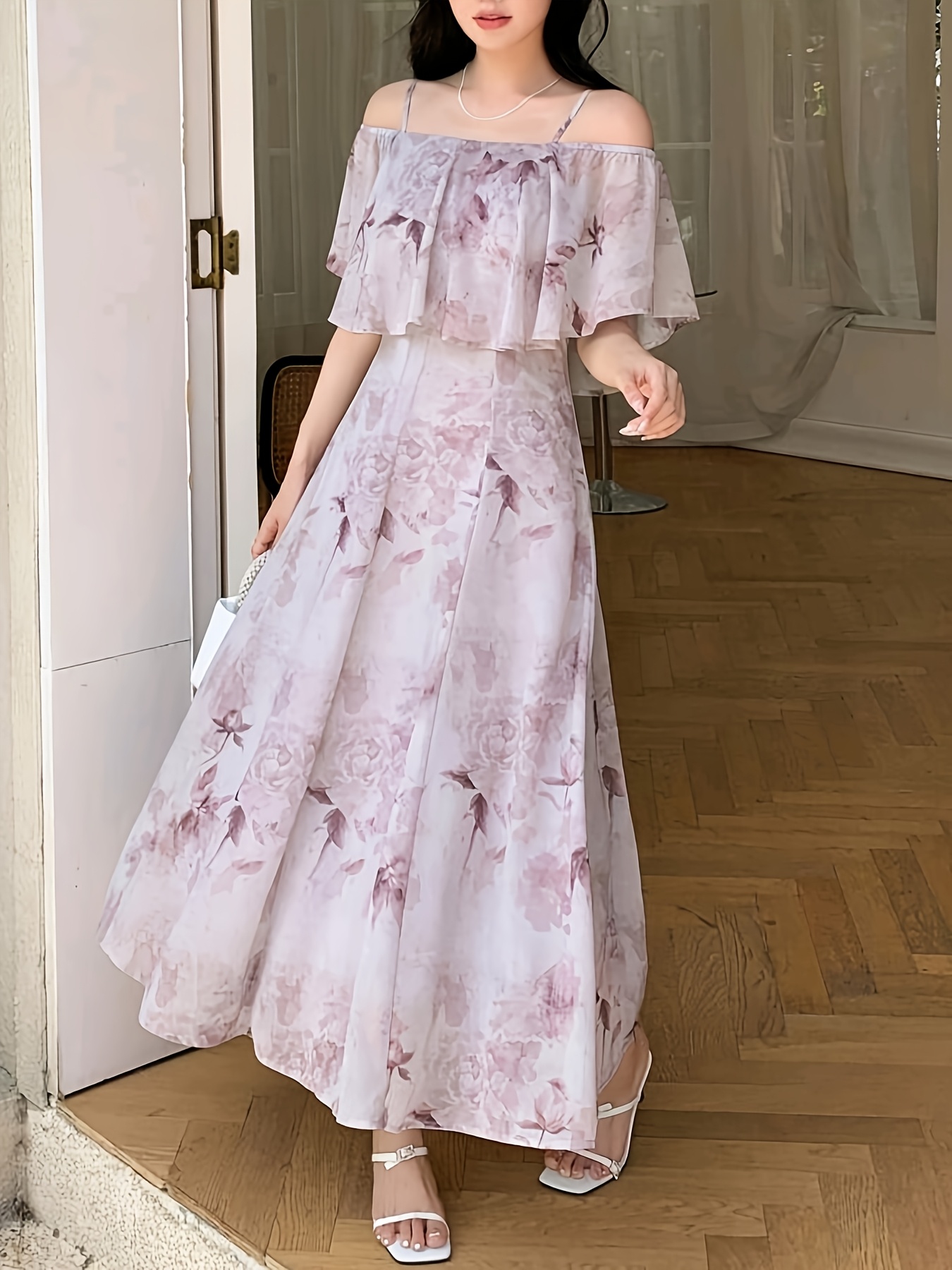 womens dress summer shoulder floral maxi dress - Temu Mauritius