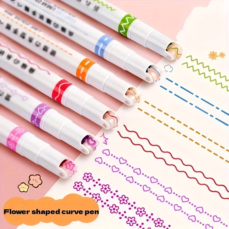 

6pcs Multifunction Flower Shaped Pens, Lightweight Pe Material, With Click-off Cap, Assorted Curved Patterns For Note-taking And Coloring