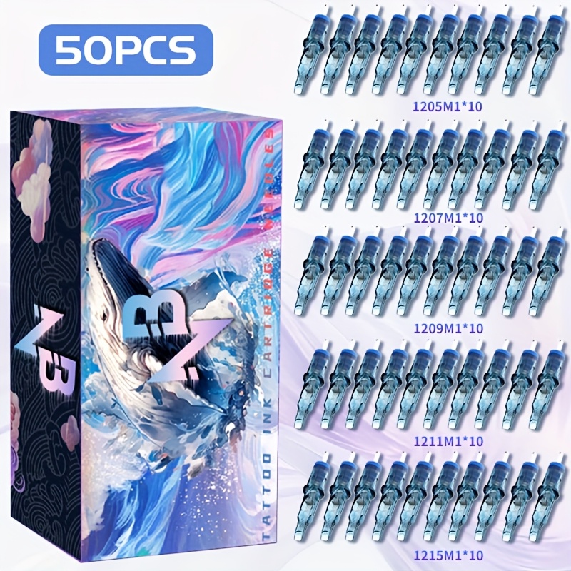 TEMU 50pcs/set Tattoo Ink Cartridge Needles, 1205m1/ 1207m1/ 1209m1/ 1211m1/ 1215m1, 10pcs Per Model, Disposable Mixed Size Tattoo Needle Standard Circular Inner Container, Suitable For ' Body Needles