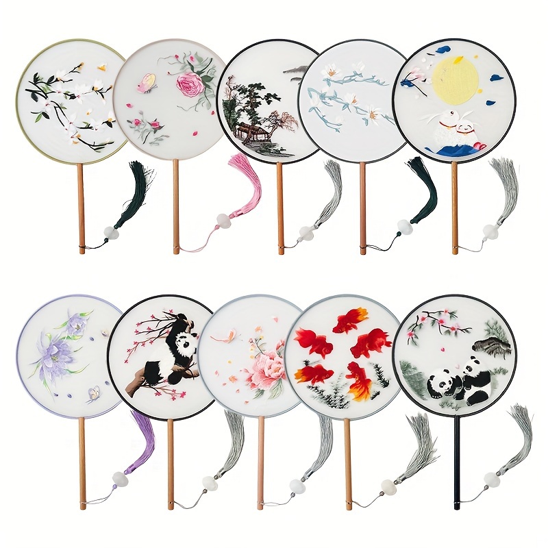 

1pc Vintage-inspired Handheld Fan With Dual-sided Embroidery - Elegant Wooden Long Handle For Home Decor, Wedding Gifts & Hanfu Accessory, Handmade, Wedding Gift