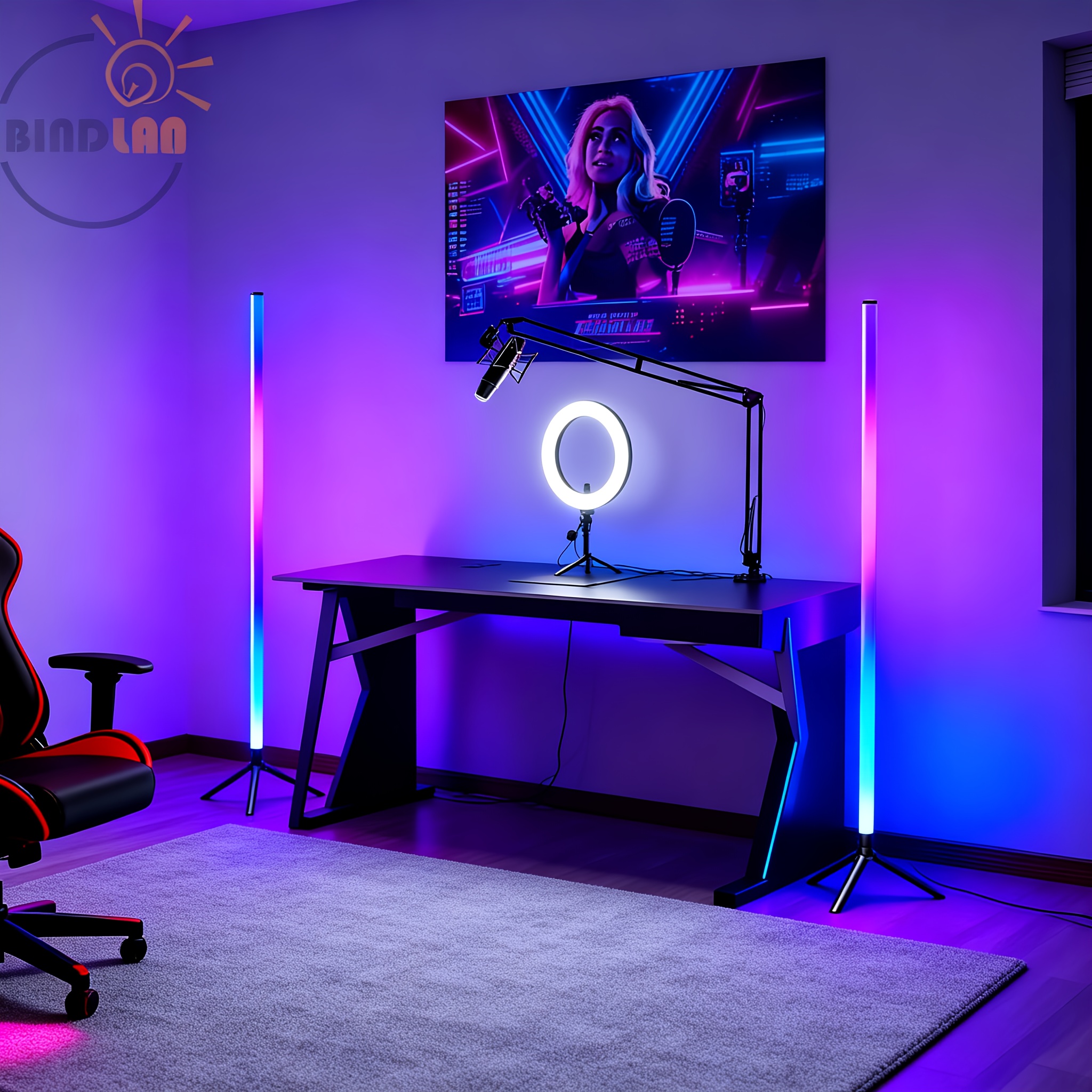RGB Floor Lamp with Music Sync, 20 Dynamic Lighting Modes for Gaming Room & Content Creation, USB Powered Ambient Light for Modern Decor, Plug and Play Design