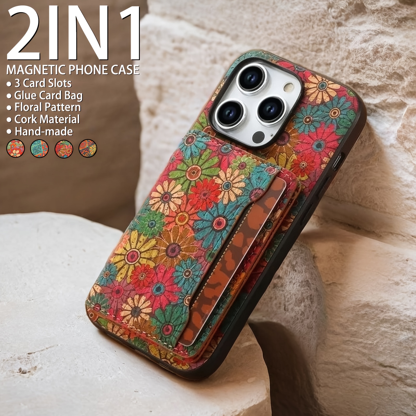 DENIOR Wooden Phonecase for iPhone 15/ 14/ 13/ 12 Series Case, with Glue Kickstand And Card Holder 3 Card Slots Can Insert 3-5 Cards Shockproof Protection, Turquoise And Red Flowers, Cork Wooden