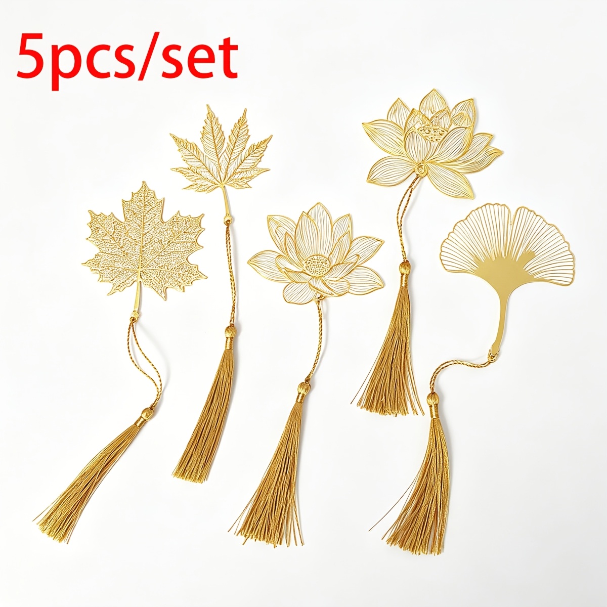 TEMU 5pcs Metal Bookmark Set With Tassels - , Stainless Steel Material, Seasonal Leaves, Cut-out Designs: Ginkgo Leaf/maple Leaf/lotus Flower/plane