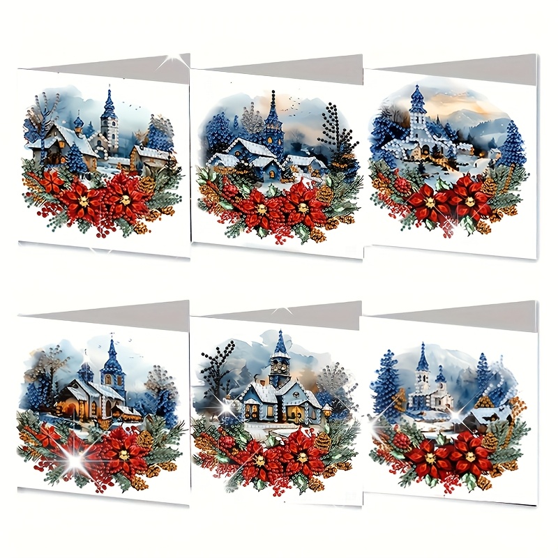 TEMU 6pcs Diy Diamond Painting Kit, Christmas Paper-themed Greeting Cards, And Wishes, , Irregular-shaped Diamonds, Suitable For Holiday Gifts,
