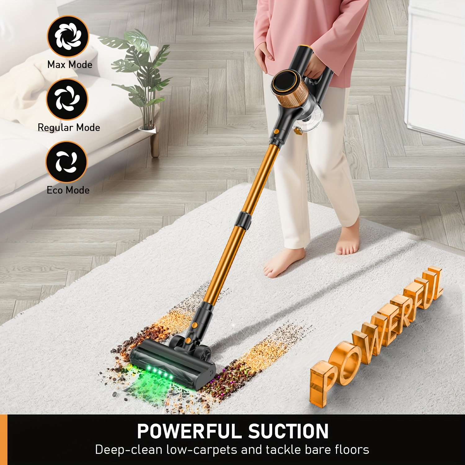 

Cordless Vacuum Cleaner, 30kpa 8 In 1 Vacuum Cleaners For Home, 3 Suction Modes, Ultra-lightweight Anti-tangle Stick Vacuum Cleaner With Led Display For Carpet And Floor, Pet Hair, Gold