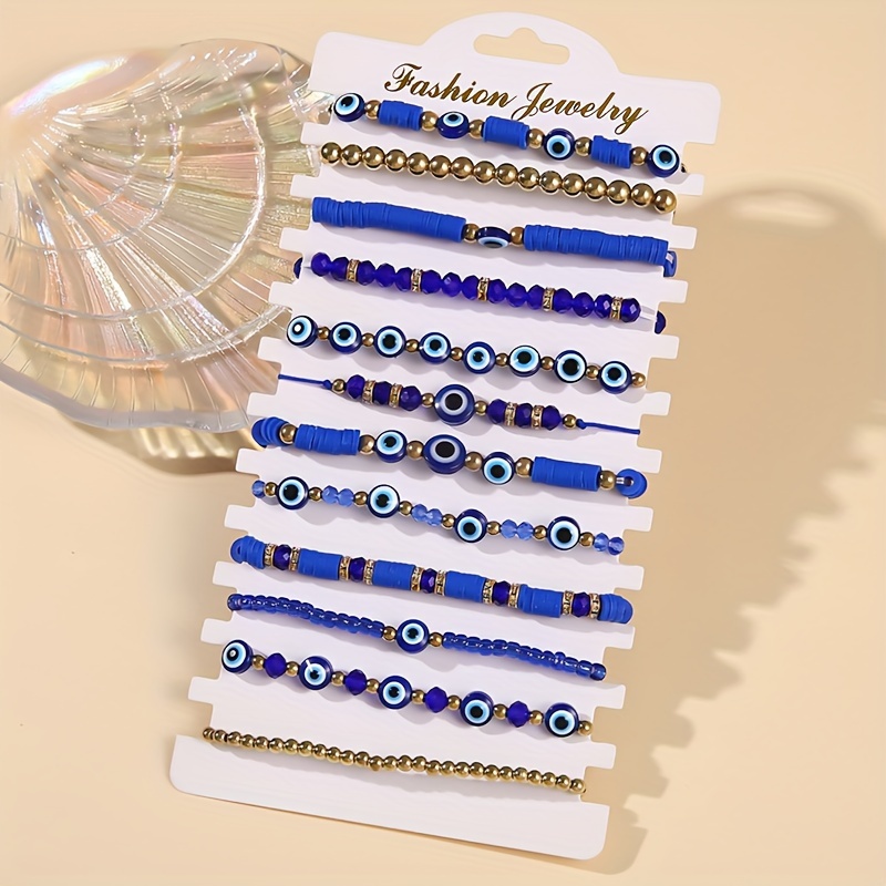 E-shop 12-teiliges Set Armbänder im ethnischen Stil, blaues "Böses Auge" aus Polymer-Knete, großes Set