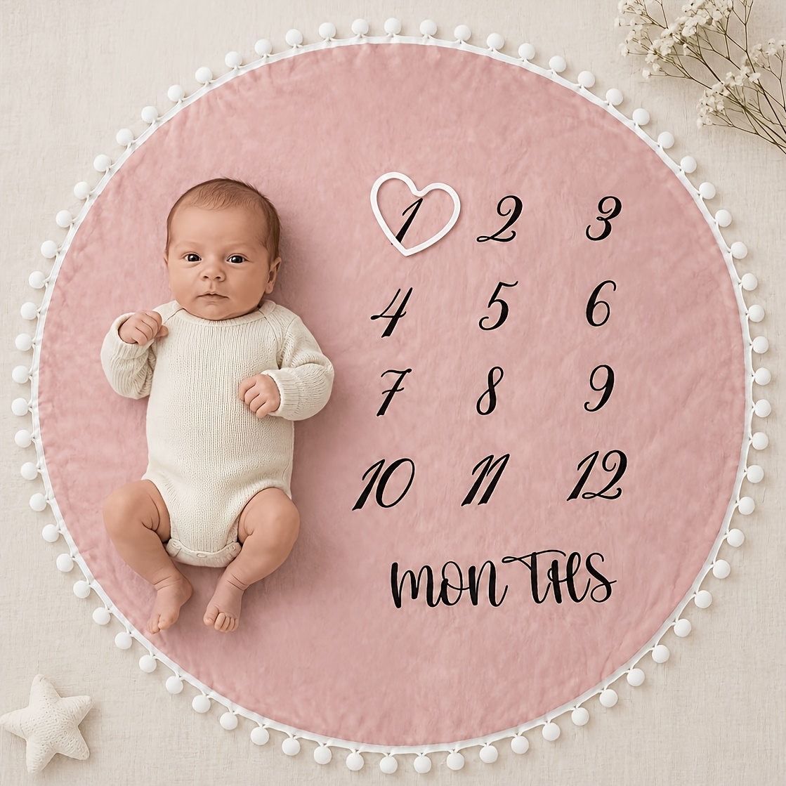TEMU Accessoire de photographie pour nouveau-né, couverture circulaire à étapes pour suivre les 1 à 12 mois de bébé, couverture de fond photo pour