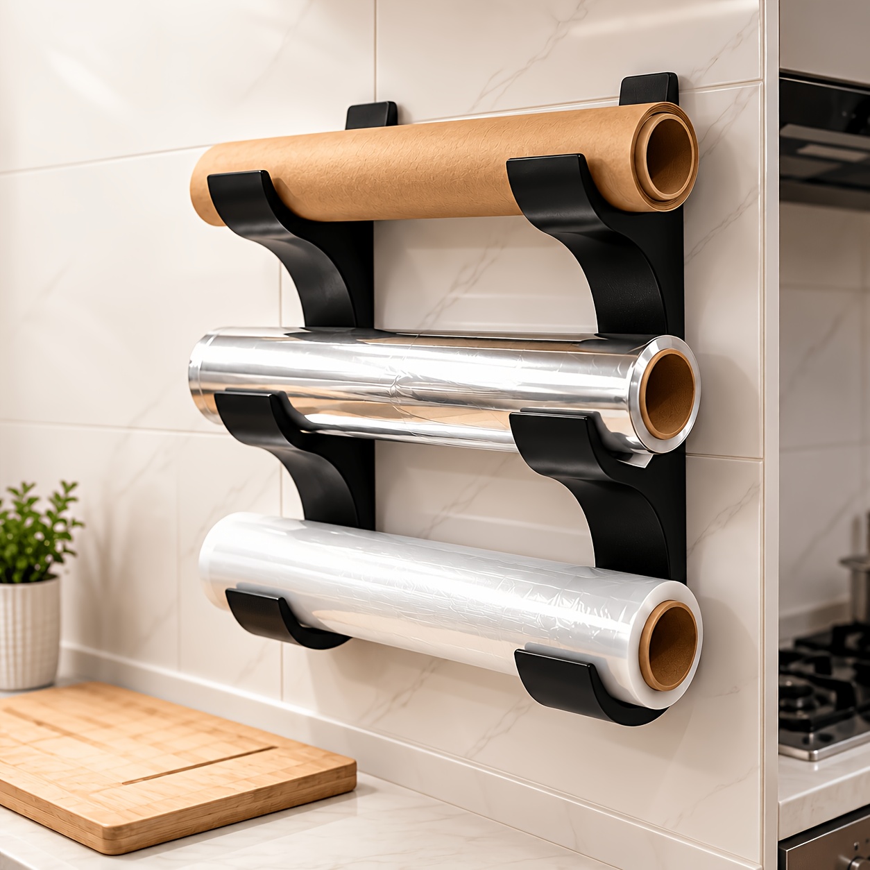 TEMU 3pcs Set (2 Storage Racks And 1 Roll Of Double-sided Tape), Can 3 Rolls Of Kitchen Paper/cling Film/tin Foil Wall Bracket, Storage Rack, Space,