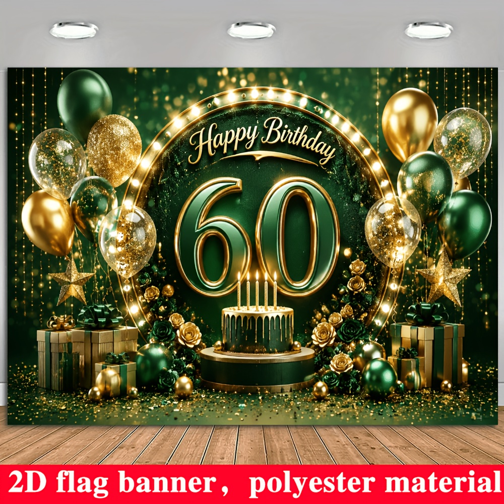 TEMU 2d Flat Flag, 2d Flat - 1pc 2d Flag, 60th Birthday Theme, Green And , With Balloon, Birthday Cake, Gift Box, And Rose Decorative Elements, Party