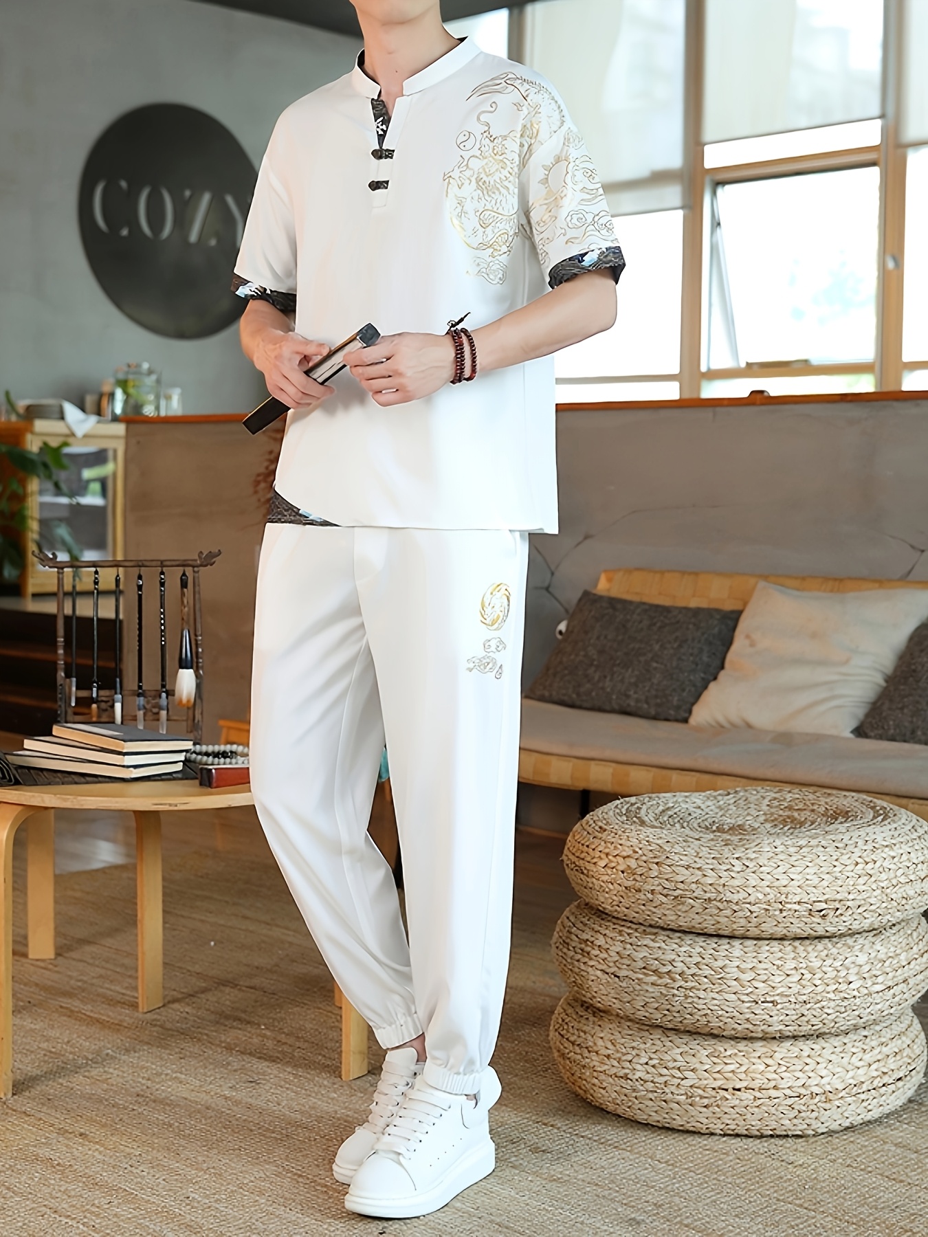 summer chinese style short sleeve long pants suit two piece Temu