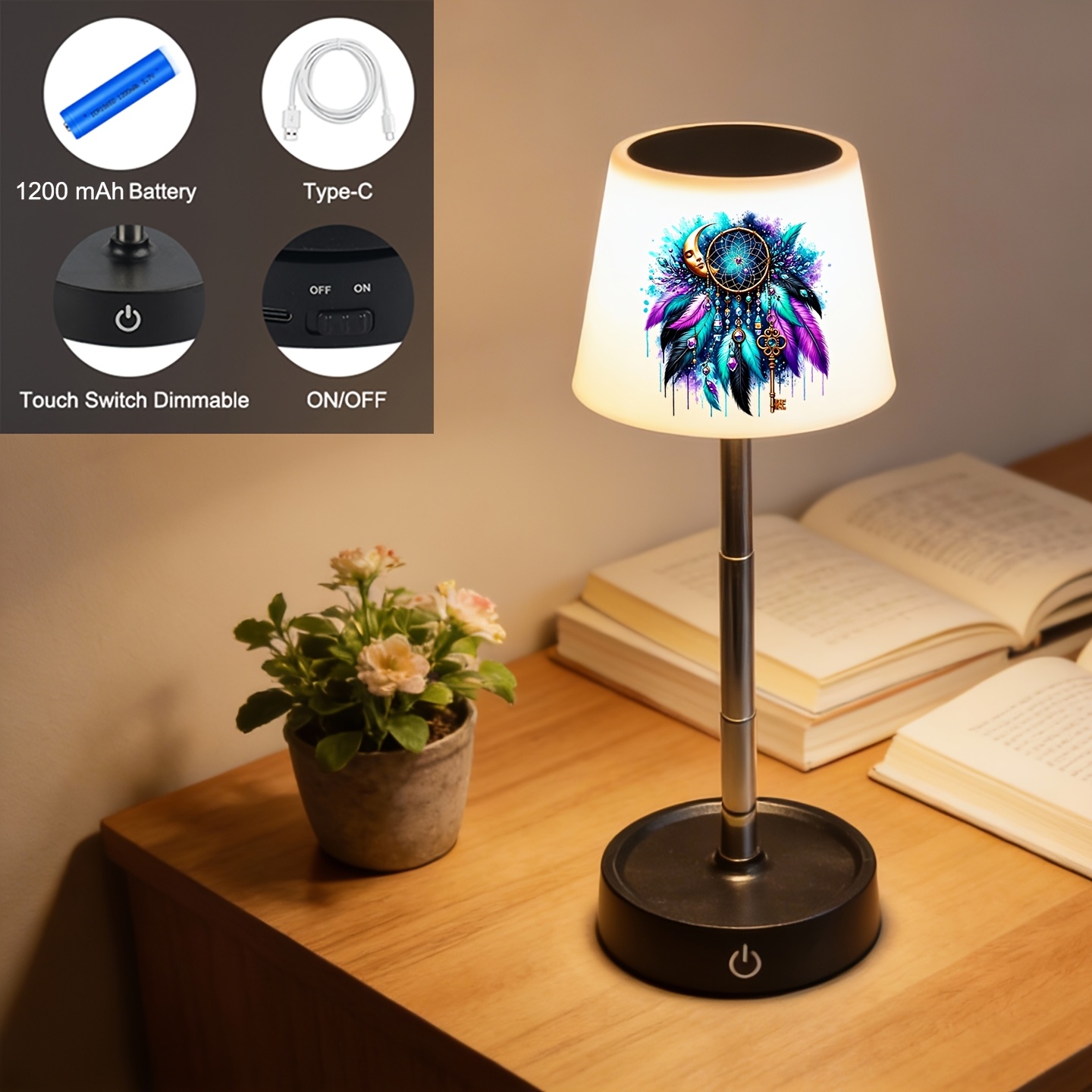 Star Feather Gem Vintage Key Boho Pattern Desk Lamp