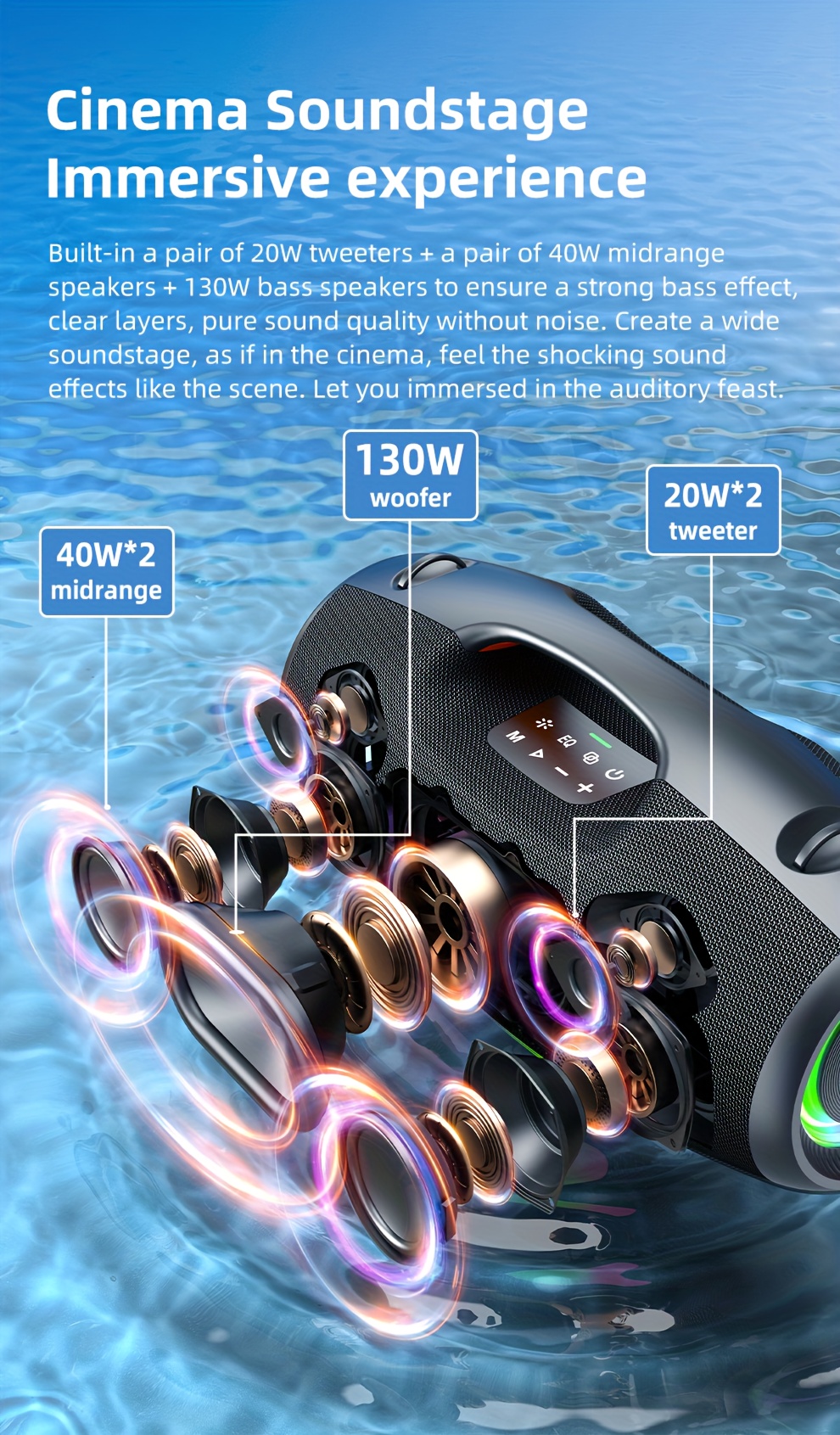  s89 250w wireless speaker outdoor portable 3d surround sound rgb color lights eq mode up to of time supports mobile phones tablets computers and tvs sd aux usb series dual pairing function suitable for Product details 1