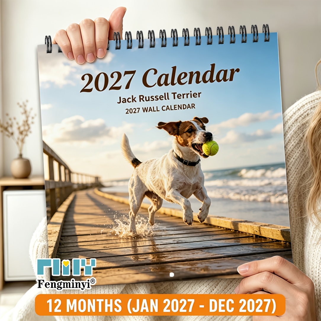 TEMU 2d Flat 1pc 2027 Wall Calendar, 2027 Terrier Beach Wall Calendar, Habit , Black Spiral Hanging Square Calendar, With Large Blocks, 12-month