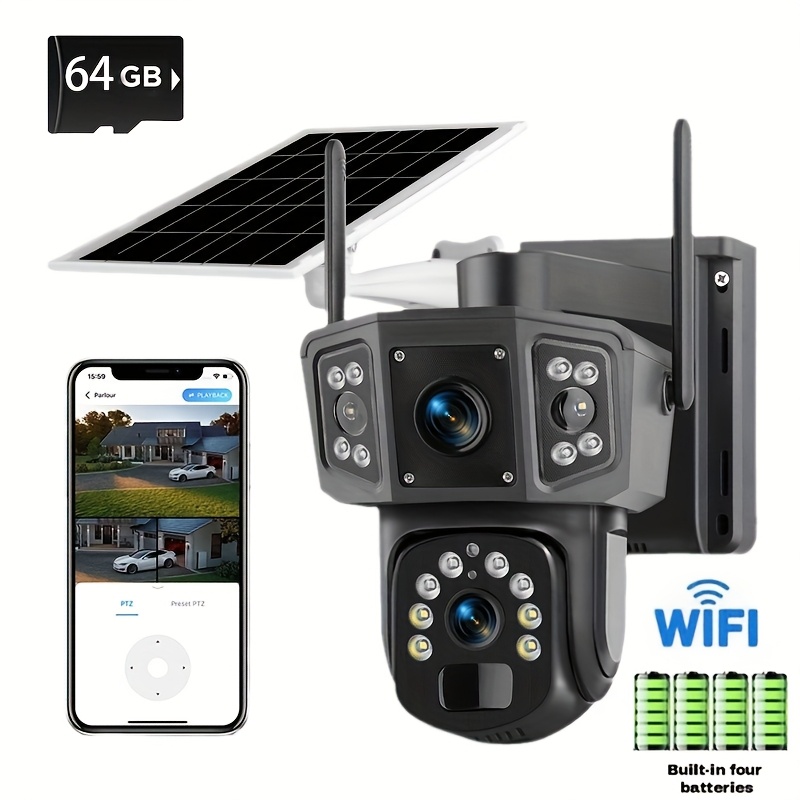 TEMU 4k Hd Solar-powered Wireless Outdoor Security Camera, 2.4ghz Wifi Ptz Camera, 355° Panoramic Home Security System With Color Night Vision,