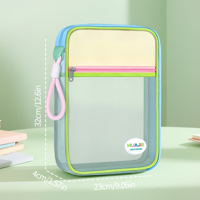 Image of A Must-have For Students! Large-capacity Color-blocking Handheld Stationery Bag, For Stationery And Documents. Mesh And Oxford Cloth, Dopamine Color-blocking Adds Vibes