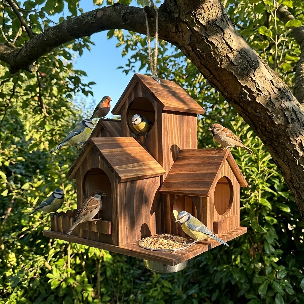 A Wooden Bird Feeder With A Feeding Bowl Style, A Castle-style 6-hole Outdoor Hanging Birdhouse, Without Battery