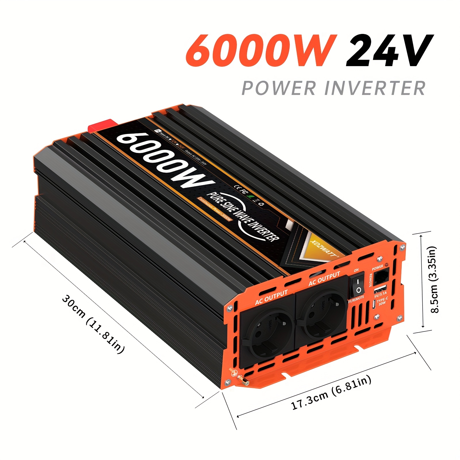 3000w 6000 sine inverter 12v to ac 230v with 2 outlets 30w usb type c lcd display remote control for cars rvs boats and camping battery not included boat features eu 24v 6000w 10