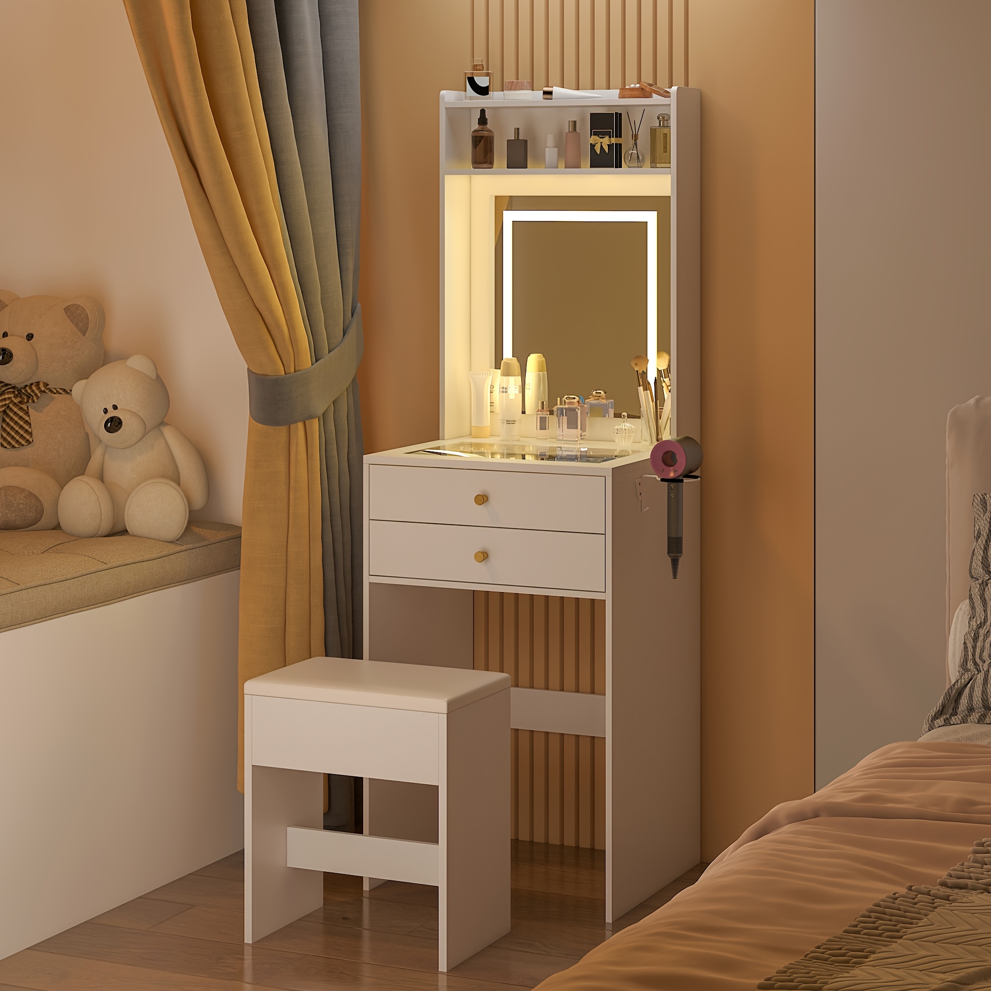TEMU Advwin Dressing Table With Glass Desktop, Compact Makeup Vanity Desk With Mirror And Led Light, 2 Drawers And Hair Dryer Rack, Storage Stool,