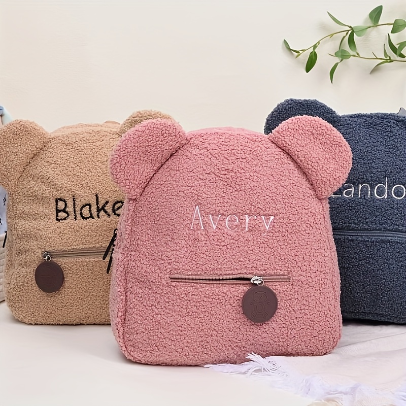 

Customized Adorable Embroidered Plush Backpack For Girls, Featuring Cute Bear Design With Fluffy Ears