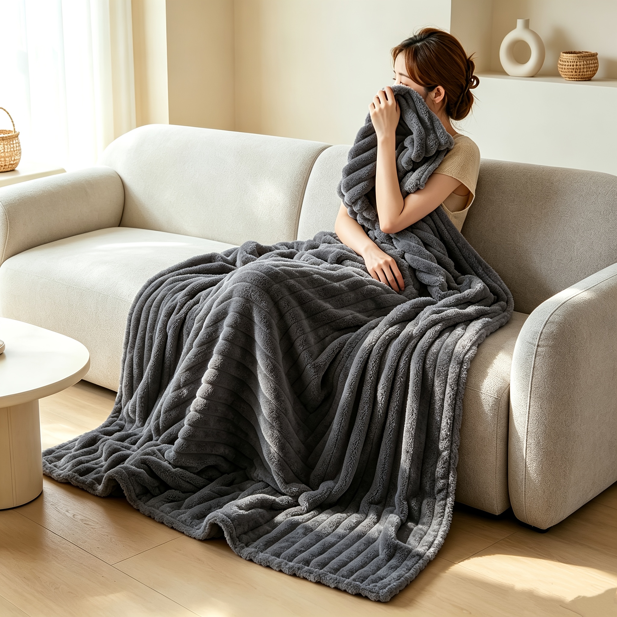 TEMU 1pc Luxury Striped Bed Blanket, Soft And Comfortable, Suitable For Decoration, Bed Covering, Sofa Nap Blanket, Shawl Blanket, And Warm Blanket.