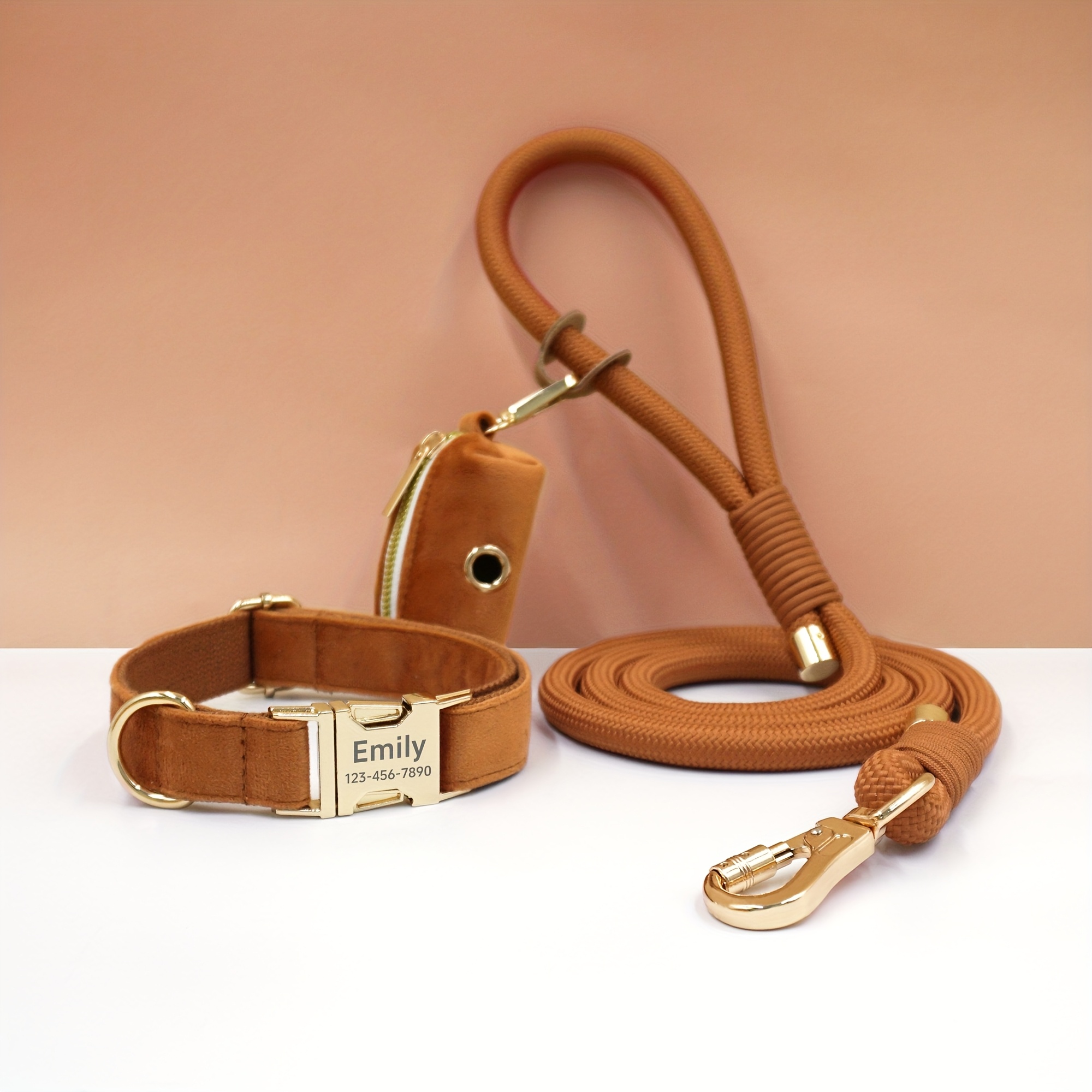 Customizable Soft and Comfortable Velvet Pet Dog Collar with High-Tensile Zinc Alloy Hook Buckle, Hand-Woven Round Rope Waste Bag Set. Free Laser Engraving of Pet Dog's Name and Owner's Phone Number. Dog Birthday Gift, Wedding Gift, Christmas Gift