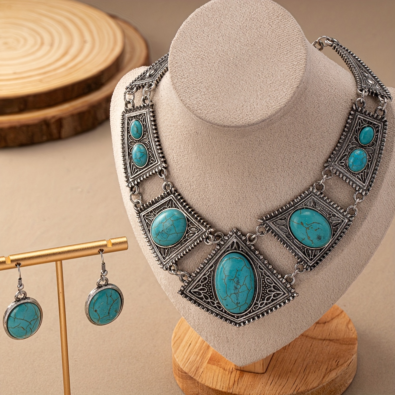 Vintage Western Bohemian Golden Turquoise Earrings & Necklace Set