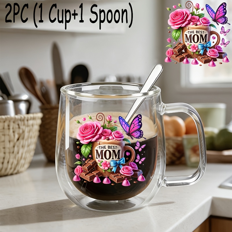 TEMU 2pcs(1pc Glass Cup+1pc Spoon), Happy Mother's Day Insulated Double-walled Borosilicate Reusable Water Cup With Handle, Large Capacity Clear