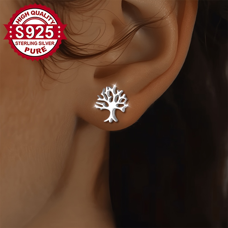 Women's 925 Sterling Silver Tiny Tree Studs, Retro Design