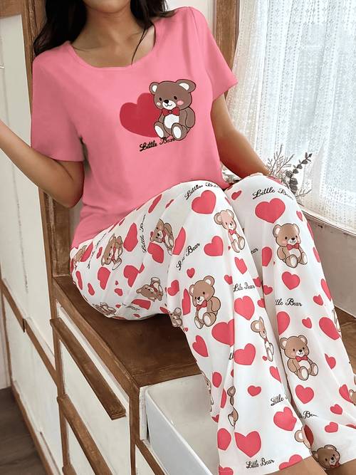 cartoon heart bear short sleeve and long pants womens pajama set teddy bear pajama set cute pajama set for women cute pjs for women red pajama set women cartoon pajamas women