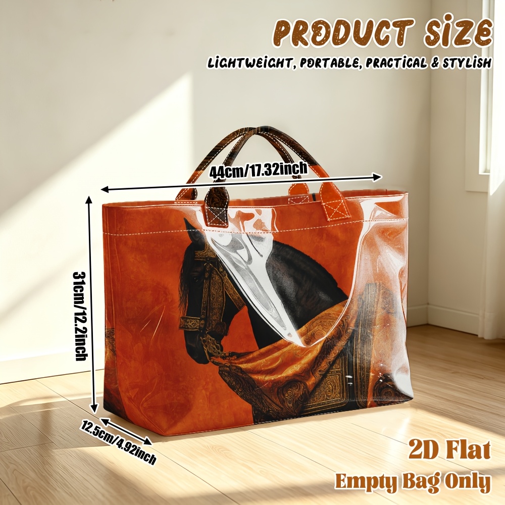TEMU 1pc Reusable Grocery Bags, 2d Flat Printing With Ornate Orange Drapery Pattern Pvc Large Capacity Travel Tote Bag, Shopping Bag,commuting