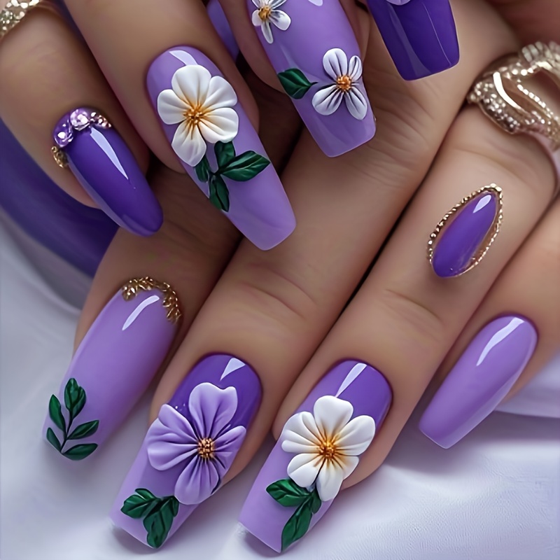 TEMU 24pcs Of Chinese Ballet Fake Nails, Flower Pattern Wearing Nail Design, Glitter Detachable Fake Nails