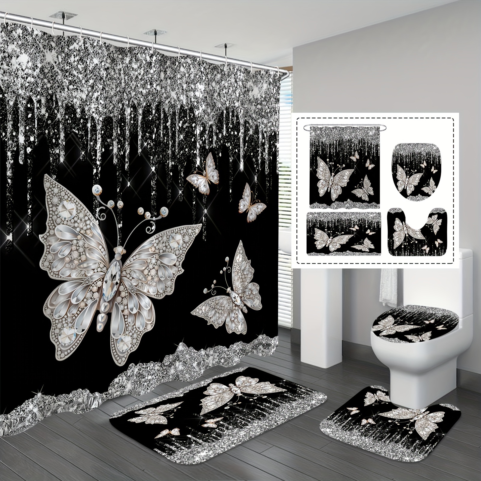 

1/4pcs Black Glitter Butterflies Shower Curtain Set, Waterproof Shower Curtain With 12 Hooks, Non-slip Bathroom Rug, Toilet U-shape Mat, Toilet Lid Cover Pad, Bathroom Decor