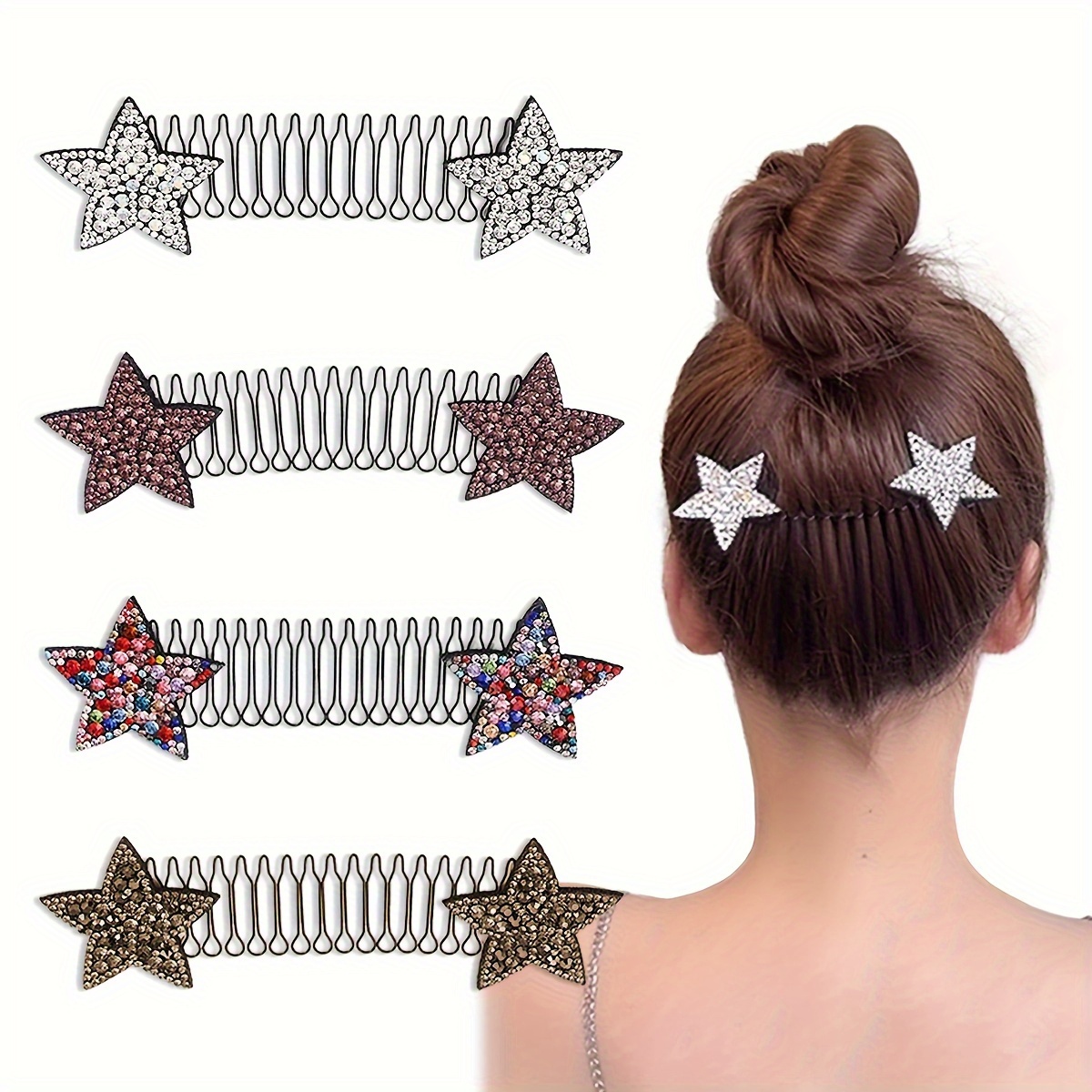 

Star-shaped Rhinestone Hair Comb Clips - Cute Plastic Hair Styling Accessory For Girls And Women, Color Matching, Wave Design For Secure Hold, Fashionable Hair Tool For Ages 14+ - Single Piece