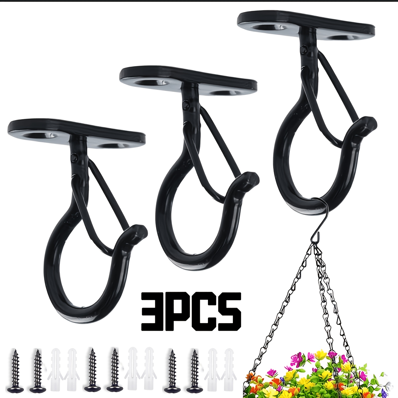 TEMU Black Metal Ceiling Wall Mount Hanging Hooks With Screws Anti-drop Heavy Duty Plant Basket Hook For Wind Chime String Light Christmas Decor