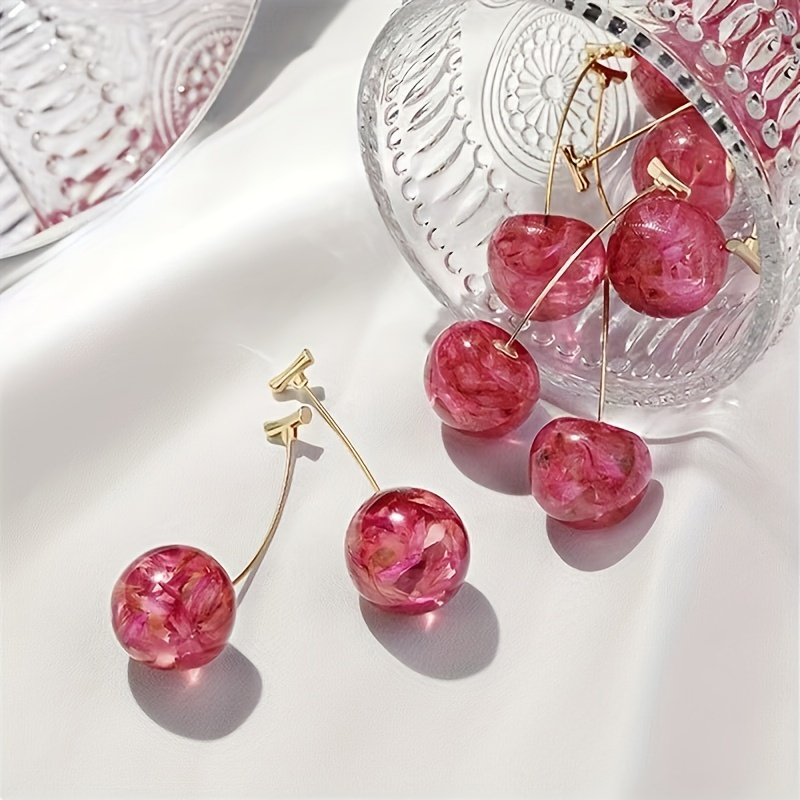 

A Pair Of Fashionable Sweet Resin Dried Flower Cherry Long Women's Earrings Suitable For In , , Special Festival