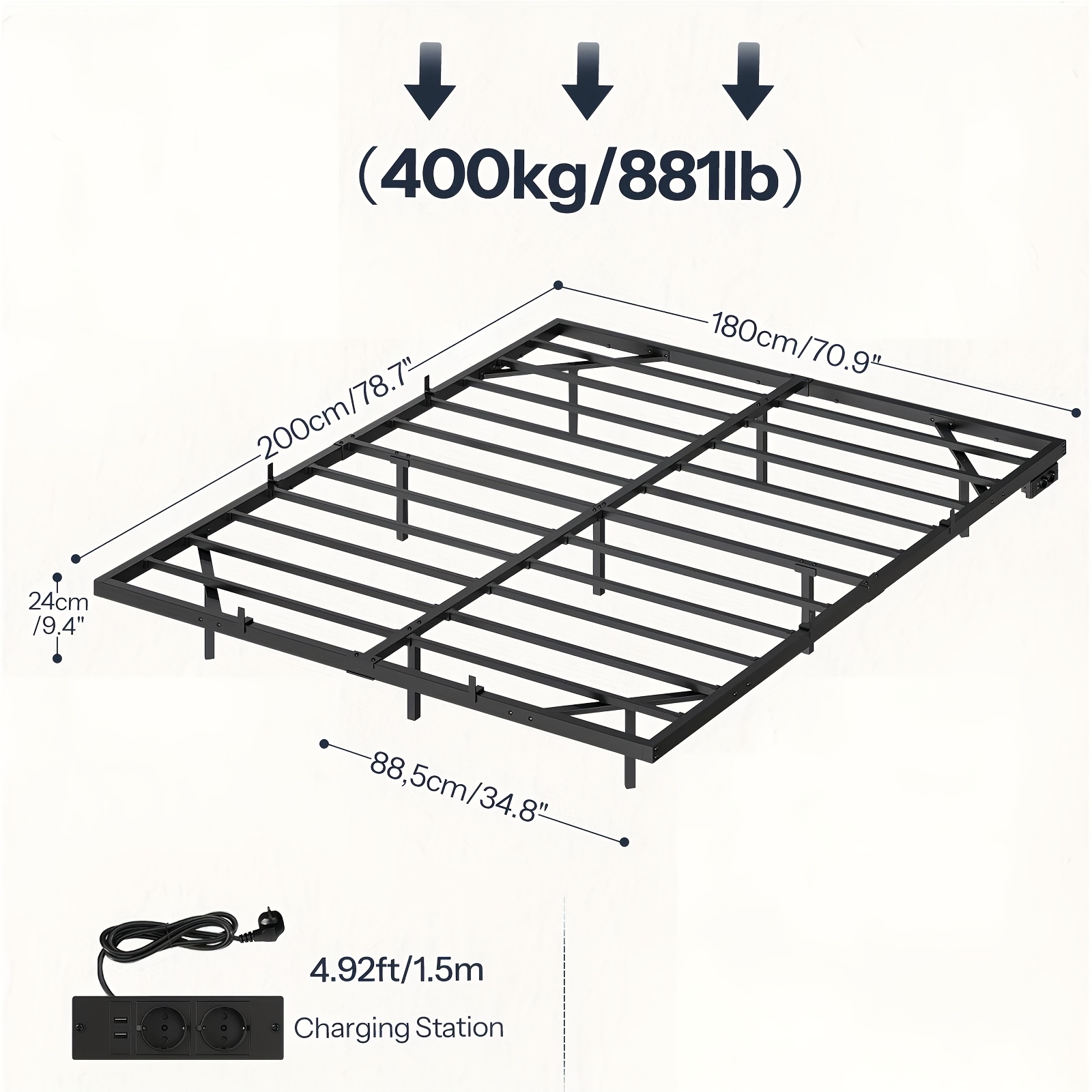 Double Bed 180 X 200 Cm | Golden Metal Bed Frame With Charging Station, Easy To Assemble, Suitable For Bedroom And , Black - Hoobro