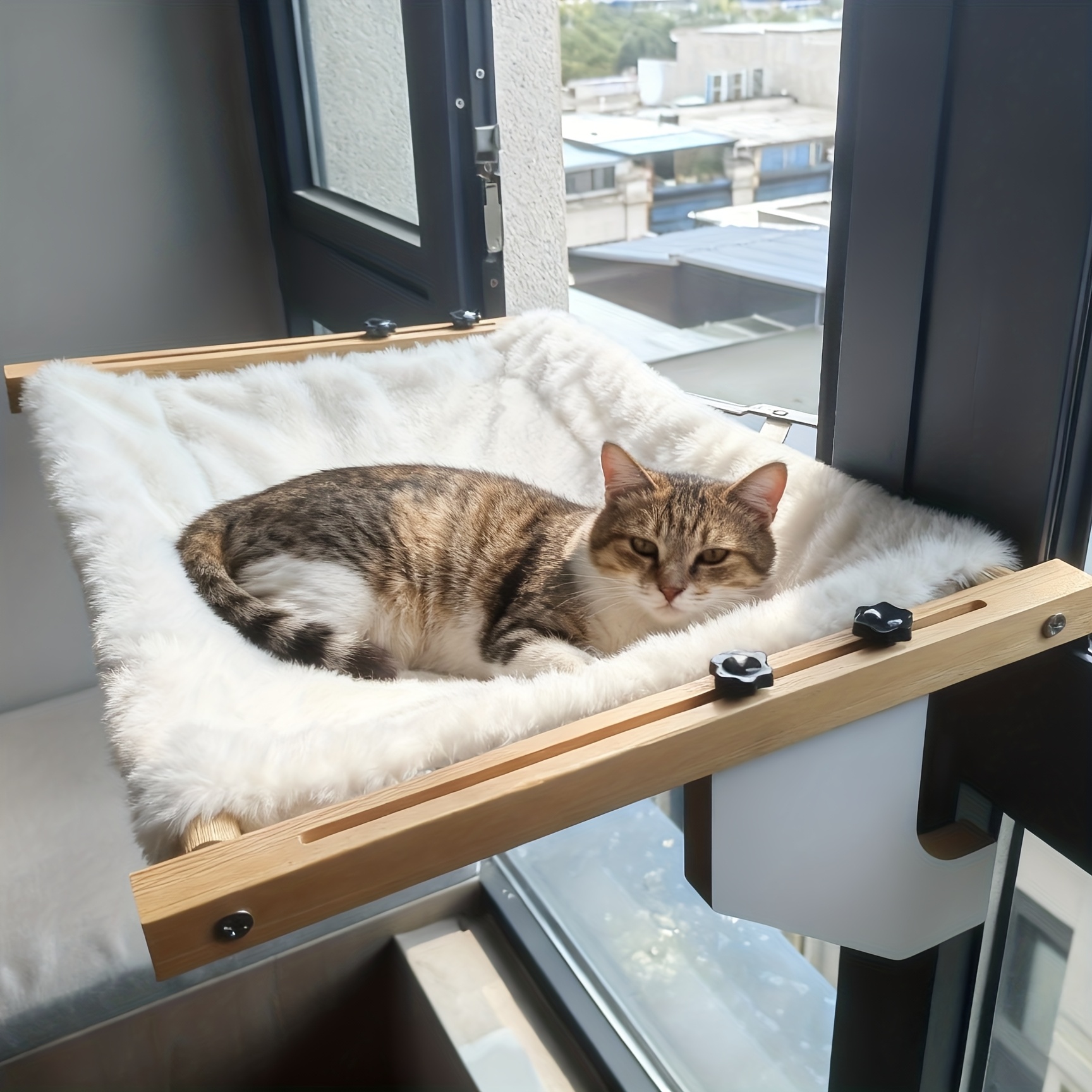 TEMU Adjustable Cat Window Stand Hammock, Wooden Cat Bed With Cat Paw Patterns, On Walls, Windows, The Bed, Cabinets - Large Cat Bed, Pet Leisure