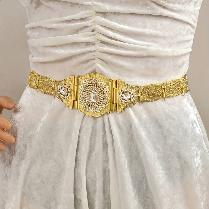 Ceinture De Mariage Dorée Marocaine - Chaîne Réglable 104 Cm, Largeur 5 Cm, Ornée De Cristaux Champagne Et Fleurs