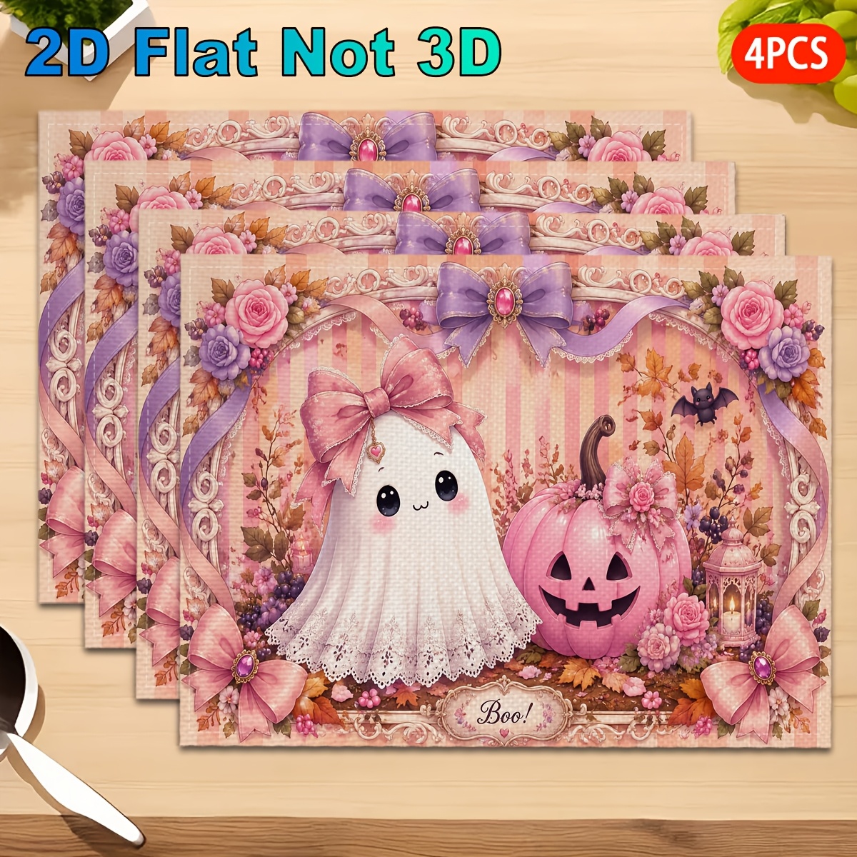 TEMU 2d Flat, 4pcs, Placemats, Pink Pumpkin Lantern, Patterned Table Mats, Suitable For, Kitchen, Holiday Gatherings, Decor, For Gifts, Perfect