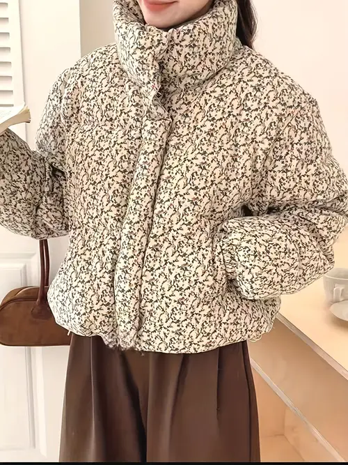 시크한 플로럴 프린트 폴리에스터 패딩 자켓 - 하이 칼라, 퍼프 롱 슬리브, 포켓이 달린 숏 코트, 여성을 위한 2024 겨울 아우터웨어