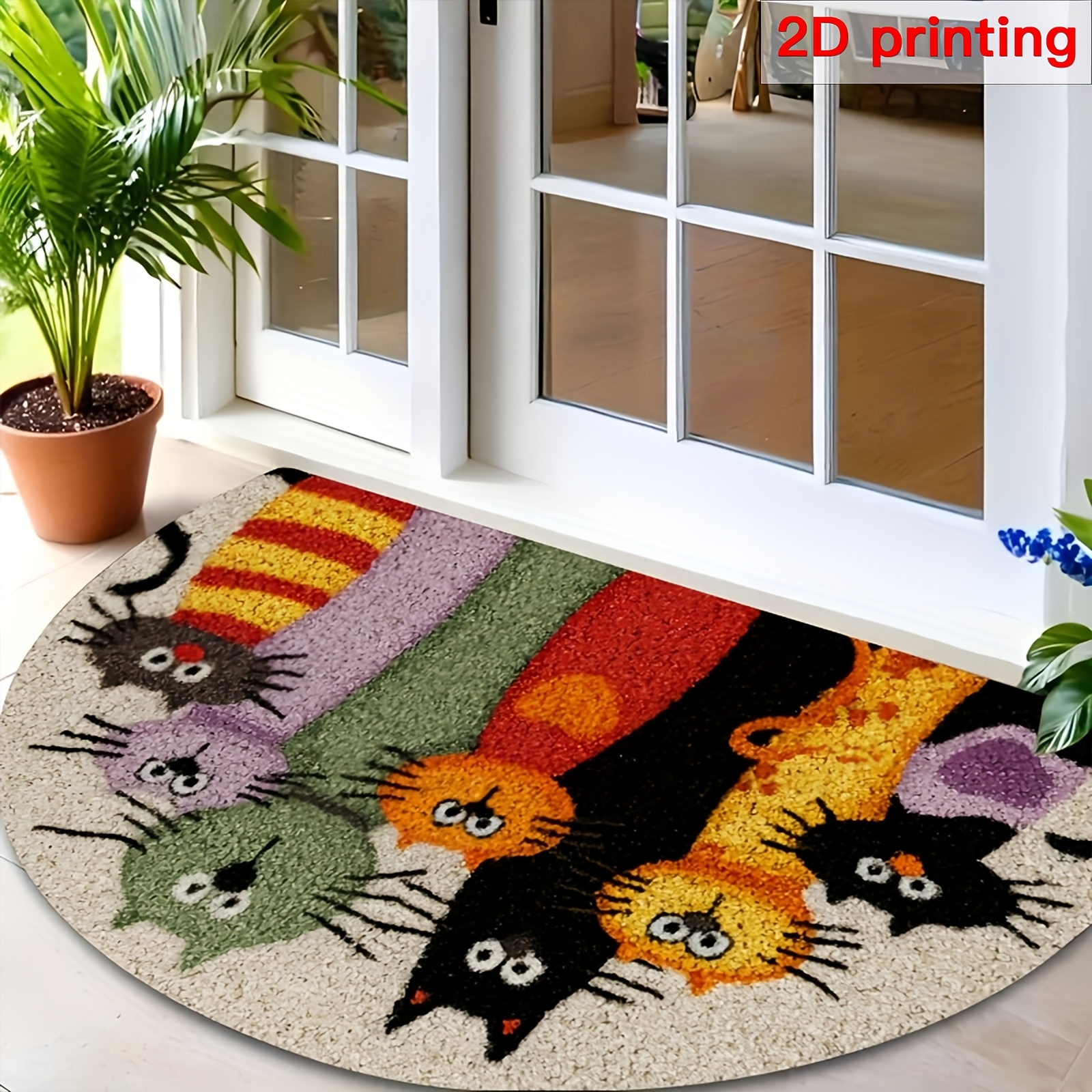 TEMU 2d Flat Semi-circular Humorous Cartoon Cat Mat - Colorful, Non-slip, Indoor/outdoor Mat, Suitable For , , Gardens, Kitchens - , Polyester,