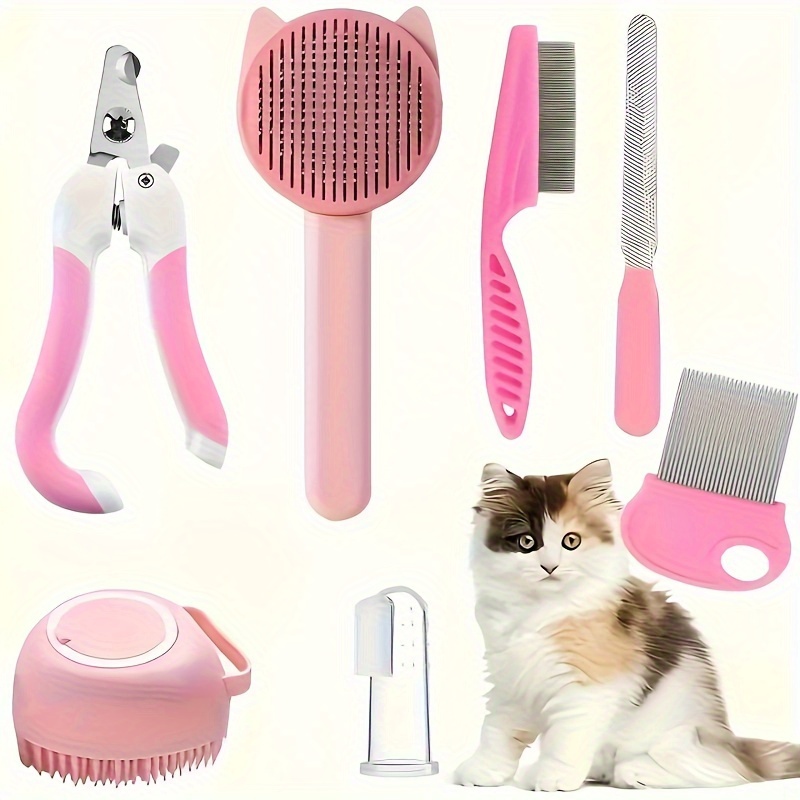 

Deluxe Cat Grooming Kit: Stainless Steel Bristle Brush, Silicone Self-cleaning Slicker Brush, Pet Nail Clipper & File, Flea Comb, Gentle Pet Shampoo Bath Brush - Care Solution