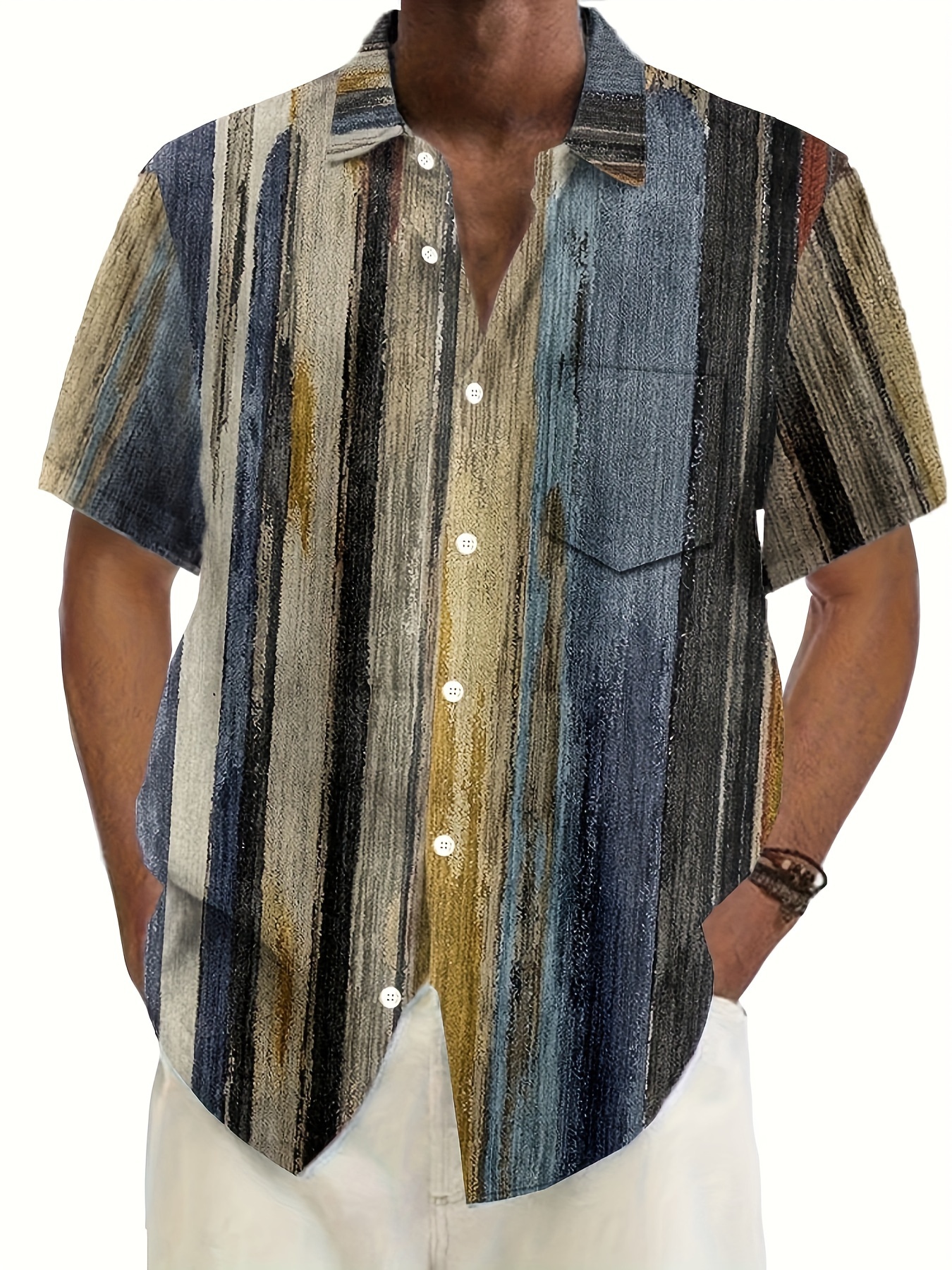 Men's Retro Striped Button-Up Shirt 0130, PLUS SIZE